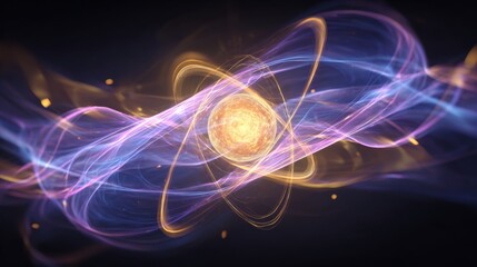 Abstract depiction of an atom with swirling energy orbits and a glowing nucleus