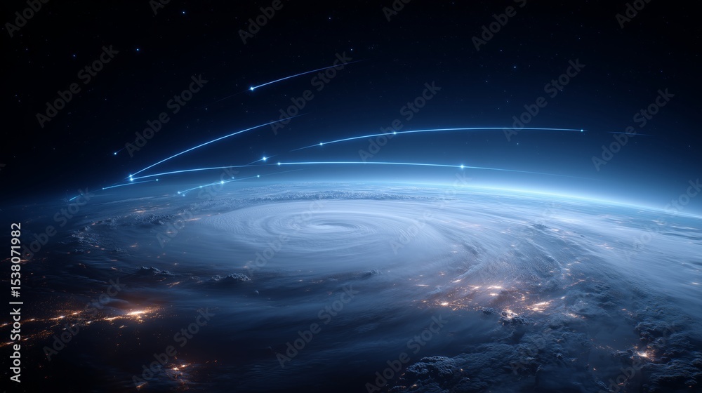 Poster A satellite probe conducts climate monitoring of a hurricane spinning over the ocean. Bright trails indicate data collection as it tracks storms and atmospheric conditions in real time.