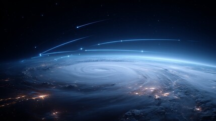 Obraz premium A satellite probe conducts climate monitoring of a hurricane spinning over the ocean. Bright trails indicate data collection as it tracks storms and atmospheric conditions in real time.