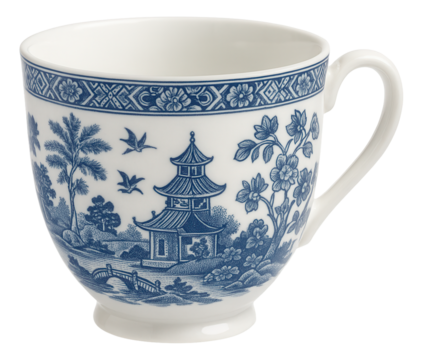 Elegant ceramic tea cup with intricate blue landscape and floral design featuring an Asian pagoda motif on transparent background.