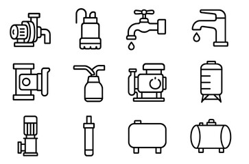 Various plumbing and water equipment icons displayed in a grid suitable for educational and informational purposes