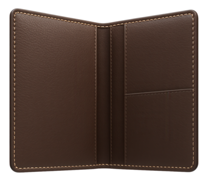 Open brown leather wallet with visible stitching and card slots on transparent background.