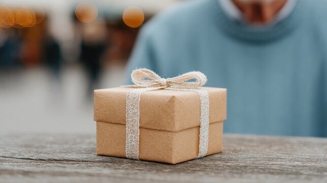 father enjoys quiet moment holding gift at rustic wooden table as people in background are softly out of focus