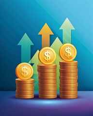 Illustration of stacked golden coins with floating upward arrows and dollar signs on a soft gradient background &mdash; concept of financial growth, wealth increase, profit success, and modern business econ