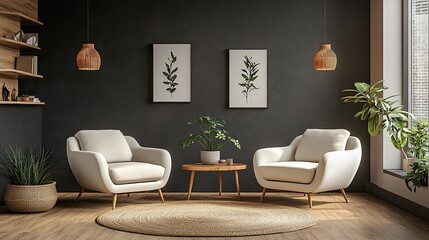 Modern home living room featuring two armchairs, stylish decor, and a cozy contemporary ambiance 