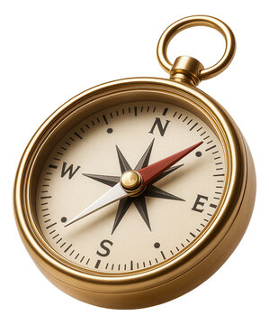 Vintage gold compass with a classic dial and cardinal directions displayed, featuring a red and white needle on transparent background.