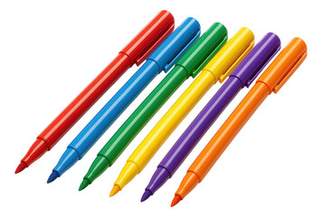 Fototapeta premium Set of six colorful felt-tip markers in red, blue, green, yellow, purple, and orange arranged diagonally on transparent background.