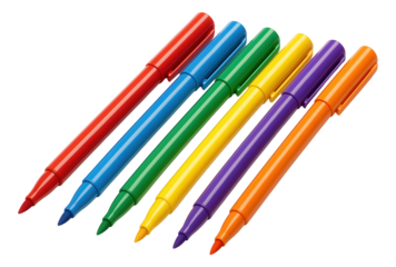 Set of six colorful felt-tip markers in red, blue, green, yellow, purple, and orange arranged diagonally on transparent background.
