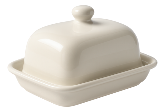 Elegant ceramic butter dish with a smooth finish and a rounded lid, featuring a knob handle, on transparent background.
