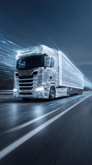 Naklejka premium High-Speed Truck with Digital Wireframe Effect on a Road