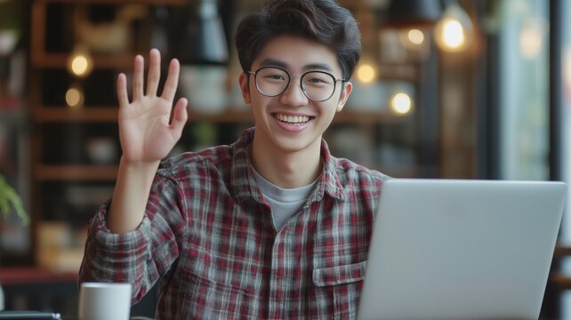 Young person waves hello while working on a laptop in a modern cafe setting during daytime