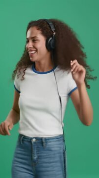 A vibrant mixed-race woman with voluminous brown curly hair, white t-shirt, blue jeans, and black headphones ecstatically dances on a solid teal green background, bright high-key lighting emphasizes