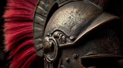 Detailed view of a Roman centurions bronze helmet and red plume, worn texture