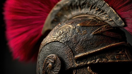 Detailed view of a Roman centurions bronze helmet and red plume, worn texture