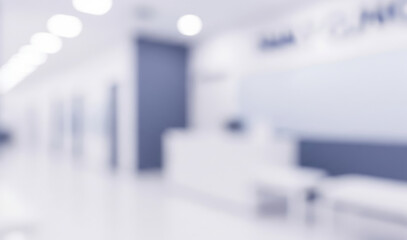 Blurred view of a clinic or hospital reception area with white and blue tones.