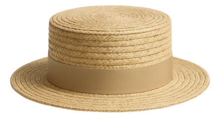 Straw boater hat with a wide ribbon around the crown on transparent background.