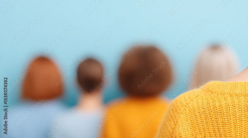 Wall mural group of diverse people blurred in background with ample copy space for promotional text creating cl
