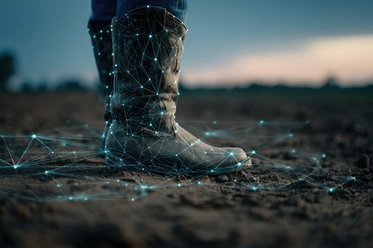 Boots stand in plowed earth at dusk, overlaid with a digital network visualization, suggesting technological integration in agriculture