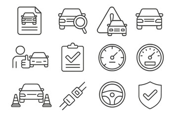 Overview of car inspection icons highlighting essential vehicle safety checks and processes in a clear and informative layout