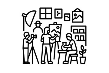 Creative art studio session with artists working and showcasing their talents during a busy afternoon event