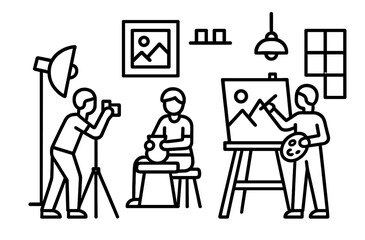 Creative studio setting with artists capturing moments and expressing their skills in pottery and painting during a bright afternoon