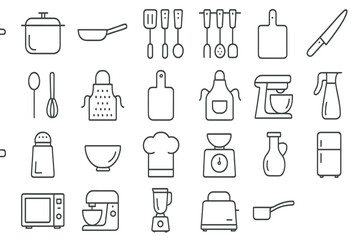 Kitchen utensils and appliances illustrated in a minimalist style for food preparation and cooking activities