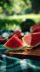 Detailed photo of watermelon slices with juice dripping, summer picnic setup