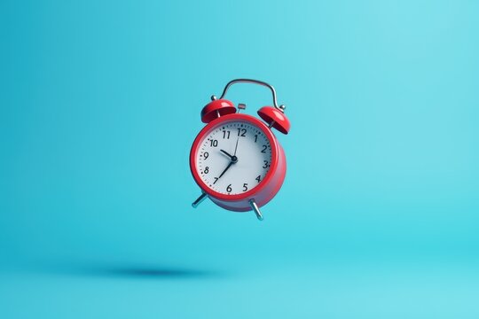 Red alarm clock. Flying alarm clock. Red alarm clock on a blue background.