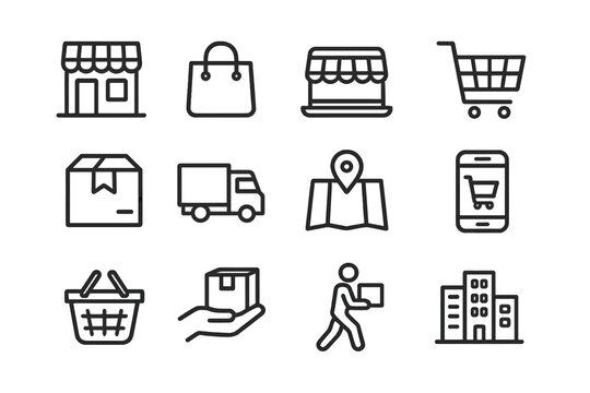 Collection of simple line icons representing shopping, delivery, and logistics in a minimalist style