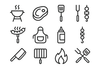Cooking utensils and food items arranged in a grid for outdoor BBQ preparation and grilling experience