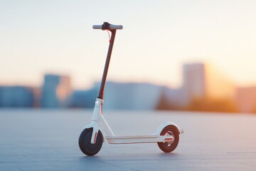 lone electric scooter stands silently against blurry cityscape embodying urban solitude