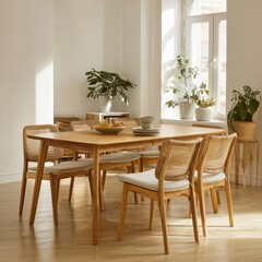 Sunlit dining room with light wood rectangular table and eight matching chairs with woven seats and off-white cushions