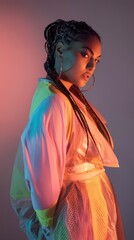 Fototapeta premium Curvy model with expressive eyes and braided hair, dressed in avant-garde high-fashion