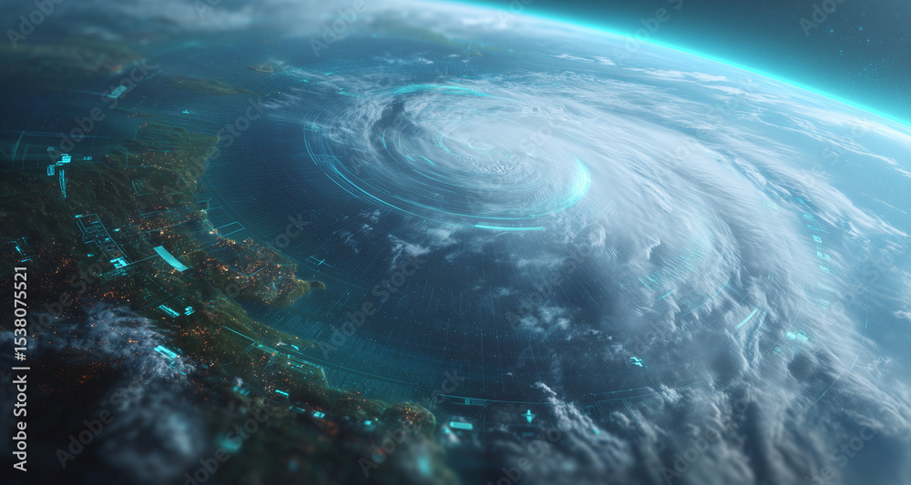 Poster Advanced weather probes and sensors track the formation of a powerful hurricane over the ocean. Satellites collect critical data to enhance climate monitoring efforts and predict storm behavior.