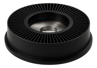 Black circular metal component with radial fins and a central opening, designed for industrial or engineering applications on transparent background.