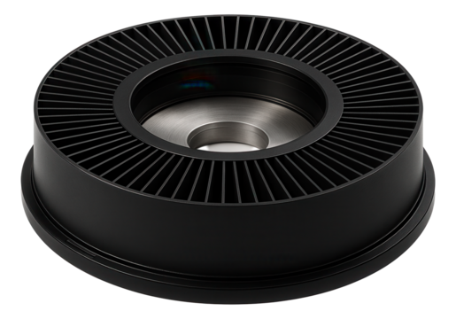 Black circular metal component with radial fins and a central opening, designed for industrial or engineering applications on transparent background.