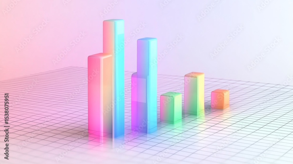Poster d bar graph with gradient color bars emerging from a base grid, with subtle shadows and reflections 