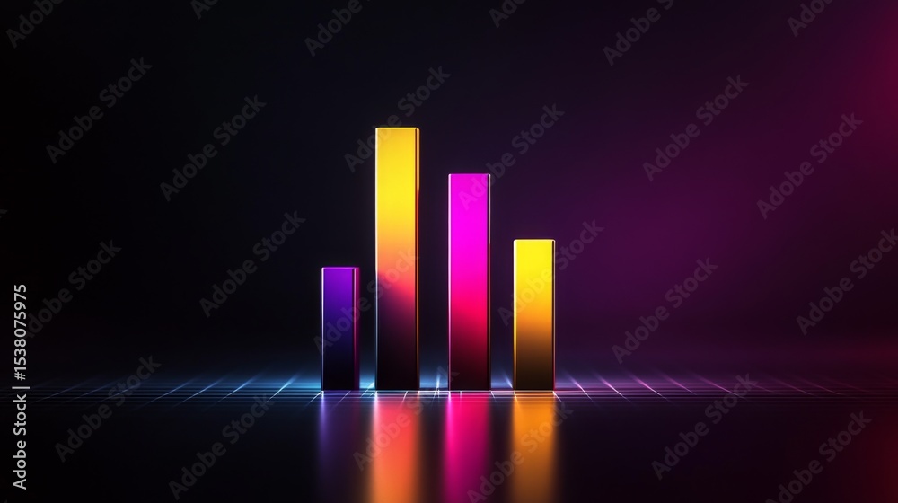 Poster d bar graph with gradient color bars emerging from a base grid, with subtle shadows and reflections 