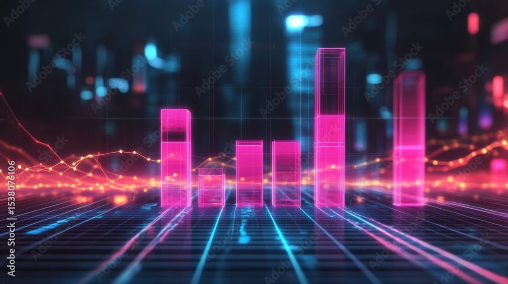 Poster d bar graph with transparent bars on a digital grid, glowing neon lines on the base, creating a high