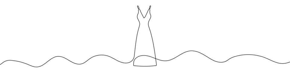 Black women's dress in single line art style. Editable minimalist dress drawing on white background. Vector illustration.