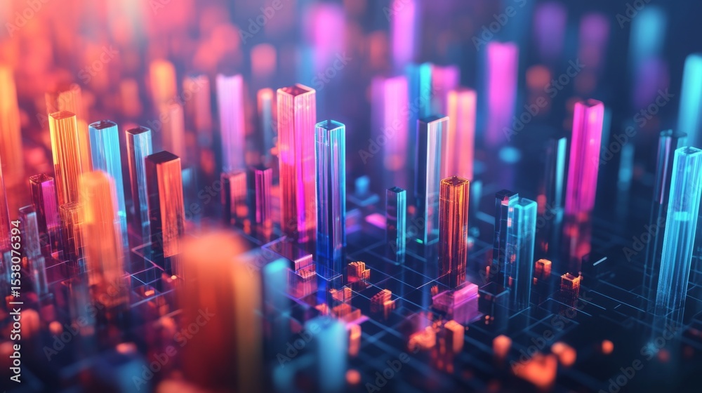 Poster abstract d bar graph with transparent bars in vibrant hues, rising from a grid plane, representing d