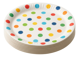 A stack of disposable paper plates adorned with multicolored polka dots on transparent background.