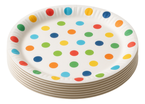 A stack of disposable paper plates adorned with multicolored polka dots on transparent background.