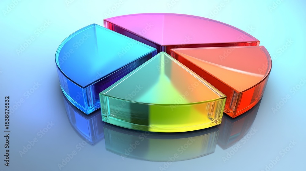 Poster abstract d pie chart with metallic finishes on each slice, arranged on a reflective surface, creatin