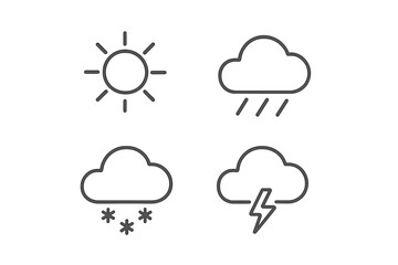 Weather symbols illustrating sun, rain, snow, and thunderstorm in a simple design on a plain background