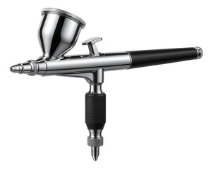 Naklejka premium A sleek metal airbrush tool with a small cup and detailed nozzle, designed for precision spraying applications on transparent background.