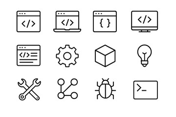 Collection of coding and software development icons featuring laptop, desktop, tools, and programming symbols for technology enthusiasts