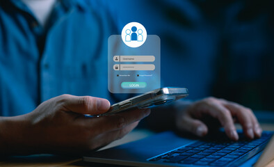 User login interface concept showing secure authentication via smartphone and laptop. Ideal for UX design, mobile apps, cybersecurity, access control and digital identity systems.