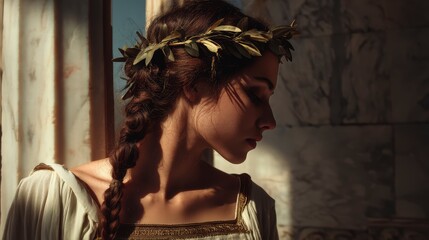Close-up portrait of an ancient Greek woman wearing a traditional peplos, braided hair, olive wreath