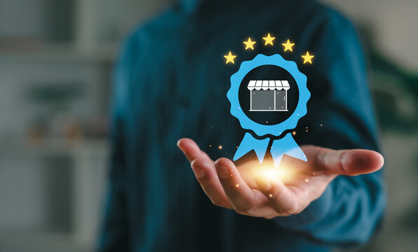 Certified business concept with quality assurance icon top of service in hand, representing trusted services and verified shops. Ideal for e-commerce, brand trust, or digital marketing visuals.